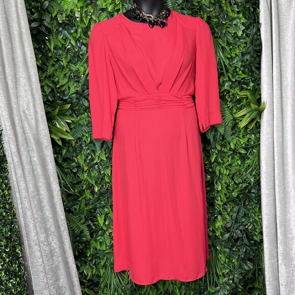 NANETTE LEPORE‎ Dress Women 12 Coral Red Pleated Waist Midi Round Neckline 2034 - Picture 6 of 7